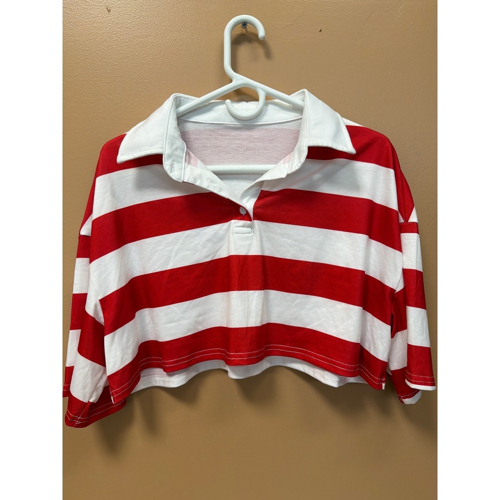 SHEIN Womens Red White Striped Cropped Rugby Polo Shirt Size M Medium